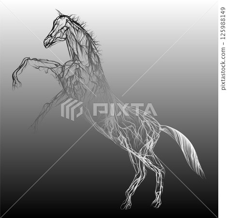 Composition of a horse standing in profile with wavy lines along the outline in black on a white background. Vector illustration. Composition of a horse standing in profile with wavy lines along the outline in black on a white background. Vector illustration. 125988149