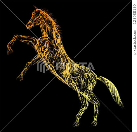 Composition of a horse standing in profile with wavy lines along the contour of neon color on a black background. Vector illustration. Composition of a horse standing in profile with wavy lines along the contour of neon color on a black background. Vector illustration. 125988150