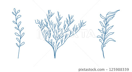 Marine elements doodle style set in blue la dolce vita. Italian style. Undersea world. Menu design of postcard and poster. Vector illustration. Marine elements doodle style set in blue la dolce vita. Italian style. Undersea world. Menu design of postcard and poster. Vector illustration. 125988339