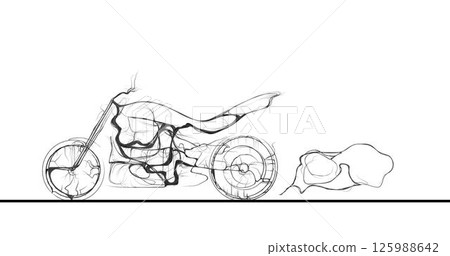 Composition of a sideways motorcycle made of wavy lines along the contour of black color on a white background. Vector illustration. Composition of a sideways motorcycle made of wavy lines along the contour of black color on a white background. Vector illustration. 125988642