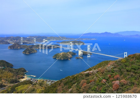 【愛媛縣】春天櫻花盛開時,從岐山展望台眺望來島海峽大橋(島波街道) 【愛媛縣】春天櫻花盛開時,從岐山展望台眺望來島海峽大橋(島波街道) 125988670