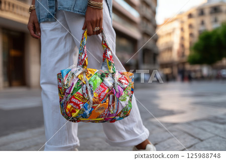 Person holds colorful recycled bag crafted from colorful recycled snack wrappers, standing on city street. bag vibrant design contrasts with urban background, showcasing creativity and sustainability 125988748