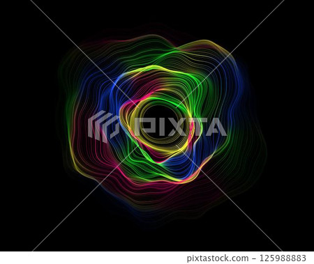 Abstract writhing circle lines of different colors on a black background. Vector illustration in concept technology, science, music, modernity. Abstract writhing circle lines of different colors on a black background. Vector illustration in concept technology, science, music, modernity. 125988883