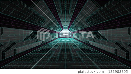 Futuristic low poly sci-fi laboratory or spaceship corridor with neon light. Vector illustration Futuristic low poly sci-fi laboratory or spaceship corridor with neon light. Vector illustration 125988895