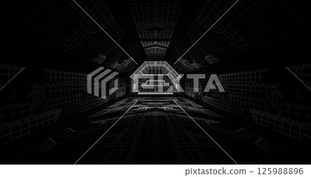 Futuristic low poly sci-fi laboratory or spaceship corridor with neon light. Vector illustration 125988896