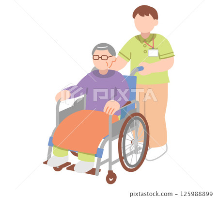 一位男性護理人員推著一位老人坐著的輪椅的插圖 125988899