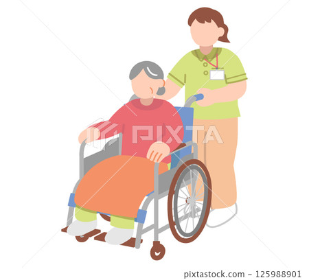 Illustration of a female caregiver pushing a wheelchair in which a senior woman sits 125988901
