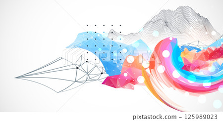 Abstract artwork with colorful waves, polygonal shapes and wireframe mountain. Vector Abstract artwork with colorful waves, polygonal shapes and wireframe mountain. Vector 125989023