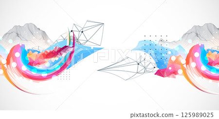 Abstract artwork with colorful waves, polygonal shapes and wireframe mountain. Vector Abstract artwork with colorful waves, polygonal shapes and wireframe mountain. Vector 125989025