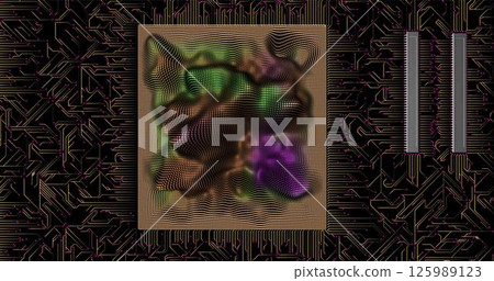 Electron scheme of the motherboard with a processor in the style of a hologram wire frame on a black background. Vector illustration. Electron scheme of the motherboard with a processor in the style of a hologram wire frame on a black background. Vector illustration. 125989123