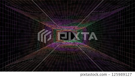 Wire low poly frame of a futuristic corridor or tunnel, consisting of lines and polygons in neon color on a black background. vector illustration. 125989127