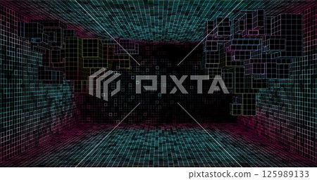 Wire low poly frame of a futuristic corridor or tunnel, consisting of lines and polygons in neon color on a black background. vector illustration. Wire low poly frame of a futuristic corridor or tunnel, consisting of lines and polygons in neon color on a black background. vector illustration. 125989133