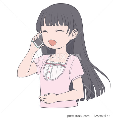 A young woman with black hair making a phone call on her smartphone, smiling 125989168