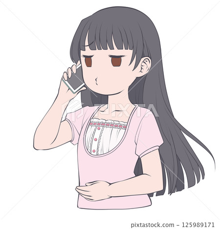 一位黑髮年輕女子用智慧型手機打電話,嘟著嘴 一位黑髮年輕女子用智慧型手機打電話,嘟著嘴 125989171