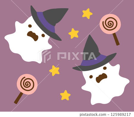Cute Halloween ghost and caddy in hats Cute Halloween ghost and caddy in hats 125989217