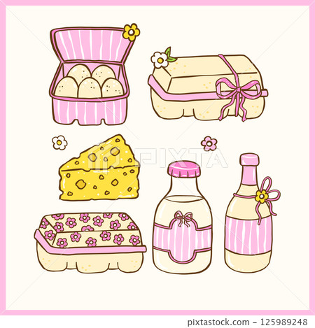 Cute Coquette Girly Farmers Market Dairy Produce Clipart Set, Pastel Hand Drawn Milk, Egg, Cheese Doodle Illustrations 125989248