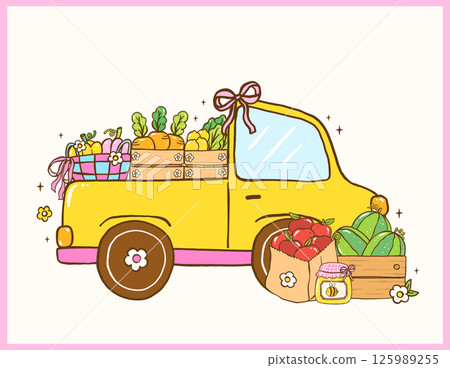 Cute Girly Farmer Market Truck Car Contains Fresh Fruit, Veggies Produce Doodle Hand Drawn Cute Girly Farmer Market Truck Car Contains Fresh Fruit, Veggies Produce Doodle Hand Drawn 125989255