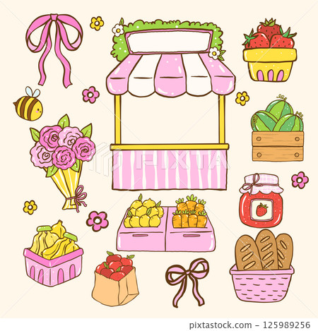 Cute Girly Farmers Market Stand and Fruit, Veggies & Floral Produce Doodle Hand Drawn Set 125989256