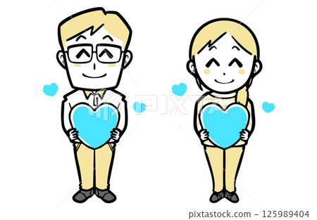 A young couple in casual clothes holding a blue heart 125989404