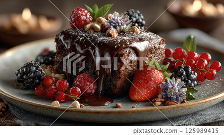 Decadent dessert plate featuring warm brownie topped with glossy chocolate, surrounded by fresh berries and nuts 125989415