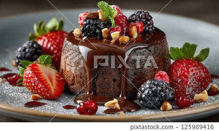 Rich chocolate brownie topped with glossy chocolate sauce, fresh berries, and nuts on dessert plate 125989416