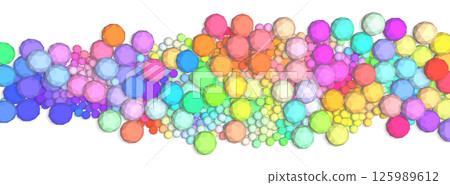 A gradient set of spheres consisting of triangular polygons are scattered in a chaotic order. Bright colors and soft shadows create a volumetric effect. The style is low-polygon 3D abstraction. 125989612