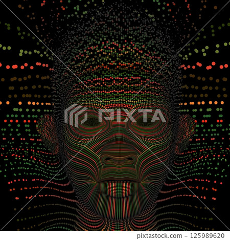 Abstract illustration of a human head in profile made of gold particles and dots on a black background. Vector design 125989620