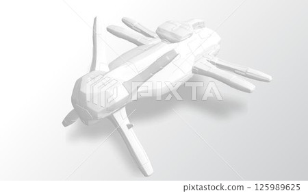 A 3D model of a spaceship in white colors is elegantly displayed on a clean white surface with a shadow on it, a futuristic design. Vector illustration. 125989625