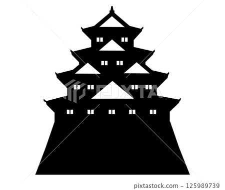 Japanese castle - black and white silhouette illustration of a four-story, four-storey castle tower Japanese castle - black and white silhouette illustration of a four-story, four-storey castle tower 125989739