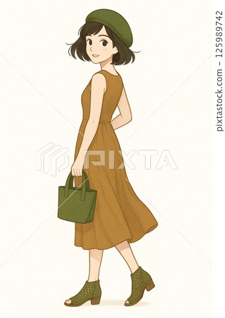 A young woman going out in a natural and elegant outfit Generative AI 125989742