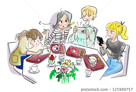 一個女孩用智慧型手機拍照，另一個女孩驚訝的插圖 125989757