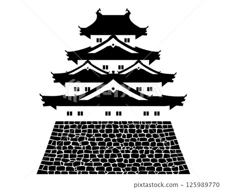 Black and white illustration of a Japanese castle with a four-story, four-storey tower Black and white illustration of a Japanese castle with a four-story, four-storey tower 125989770