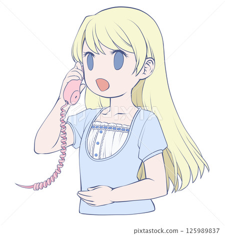 金髮年輕女子在電話裡微笑著交談 金髮年輕女子在電話裡微笑著交談 125989837