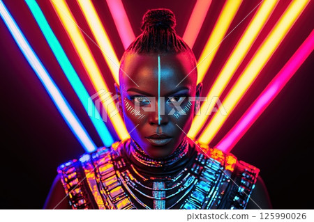 Fashion model posing with colorful neon lights and tribal makeup 125990026