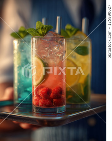 Crafting refreshing cocktails with flair at a vibrant bar setting 125990027