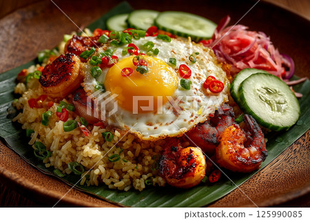Discovering the flavors of Indonesian shrimp fried rice in a vibrant bowl 125990085