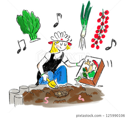 一位婦女用蔬菜廢料製作土壤的插圖 125990106