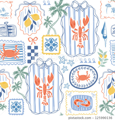 Mediterranean summer seamless pattern. Cute coastal beach wallpaper with lobster, sardine, bows. Vector Italy mood print 125990136