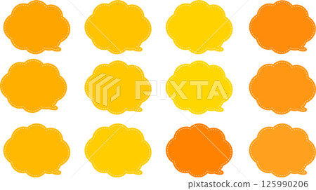 A set of orange cloud-shaped speech bubbles with a white dashed line inside and a tail on the bottom right. A set of orange cloud-shaped speech bubbles with a white dashed line inside and a tail on the bottom right. 125990206