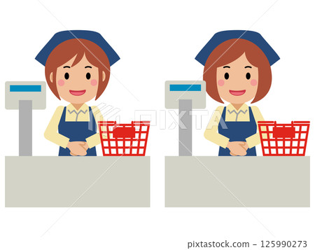 A young woman in a navy blue apron standing at the cash register with a smile A young woman in a navy blue apron standing at the cash register with a smile 125990273