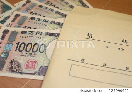 Banknotes in a pay envelope 125990623