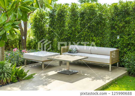 Spring garden at home. Terrace with green plants and trees in small garden. Cozy garden corner with houseplants in pots. Exterior Autumn backyard home. 125990688