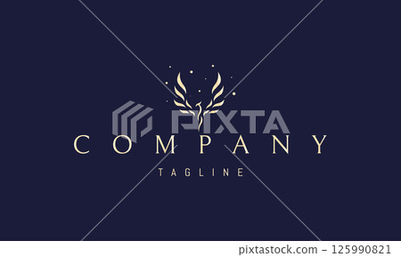 Vector golden logo with an abstract image of a phoenix with wings of fire. 125990821