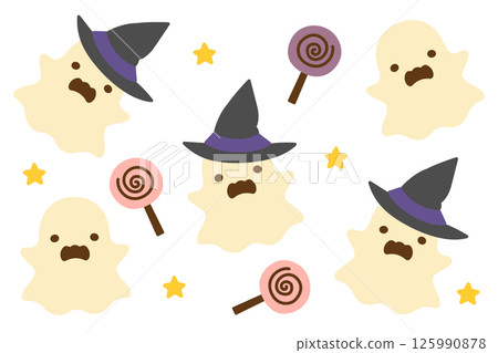 Cute Halloween ghost and caddy in hats Cute Halloween ghost and caddy in hats 125990878