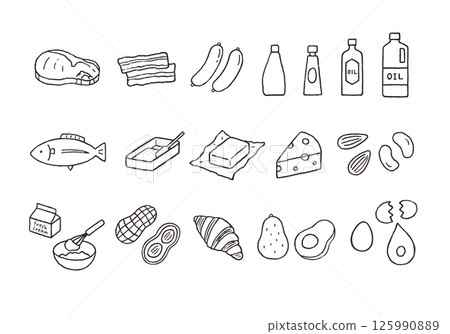 手繪插圖集含脂肪的食物（單色） 125990889