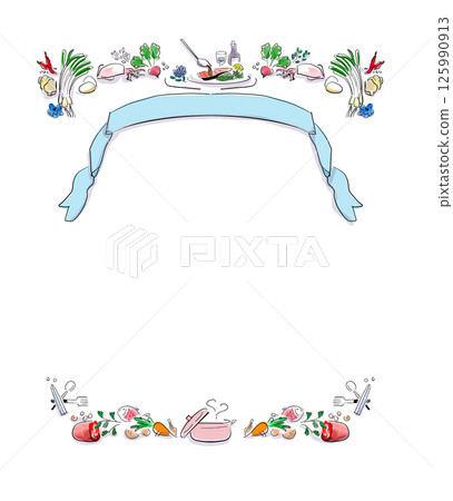 肉類、魚類、蔬菜和調味料等烹調相關物品的標題框 125990913
