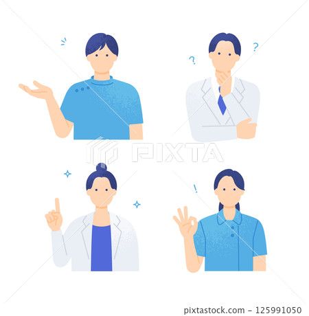 醫生和護理人員的手勢集合。一套四件套裝的套裝,其中有穿著白大褂和醫療制服的男女。 醫生和護理人員的手勢集合。一套四件套裝的套裝,其中有穿著白大褂和醫療制服的男女。 125991050