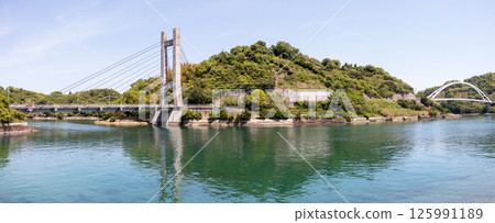 A bridge over blue sky and blue sea 125991189