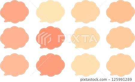 A pink and flesh-toned cloud-shaped speech bubble with a dashed white line around the inside and a tail at the bottom left. 125991289