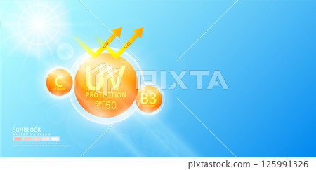 UV protection and SPF 50 PA with vitamin C B3 and arrow reflects light UVA UVB. Protects against sunlight ultraviolet attacks. For design cosmetic products ads. Banner empty space for text. Vector. 125991326